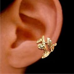 New 18k Yellow Gold Plated Silver Fleurs Art Nouveau, Flower Ear Cuffs, Leaf Ear Cuffs, Ear Cuff Gold, Bijoux Art Nouveau, Leaf Earring, Laurel Leaf, Flower Ear, Fake Piercing