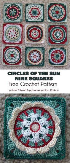 the crochet pattern for circles of the sun is shown in red, white and green