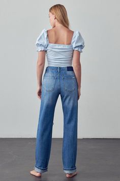 High Waist Ripped Straight Jeans- 100% Cotton - Non-Stretch Denim- High Rise- Zipper Fly Closure- Ripped, Destroyed- Pocket- Imported, Designed In USASize 3- Waist 29 1/2"- Hip 38"- Front Rise 10 1/2"- Leg Opening 15 3/4"- Inseam 32 1/2"Model wears size 3, height 5'9" Style: Casual Print / Pattern: Medium Wash Denim Silhouette: Straight Fit: High Rise, Relaxed Embellishment: Knee Distress Neck Line: N/A Sleeve: N/A Length: Long Closure: Button Closure Lining: No Fabric Contents: 100% Cotton Non- Dark Wash Zip Fly Pants For Spring, Medium Wash Bottoms With Zipper Closure For Fall, Spring Dark Wash Pants With Zip Fly, High Rise Pants With Zipper Closure For Spring, Fall Medium Wash Bottoms With Zipper Closure, Spring Denim Pants With Zip Fly, High Waist Jeans With Zipper Closure For Spring, Medium Wash Jeans With Zipper Closure For Fall, High Rise Distressed Pants For Spring