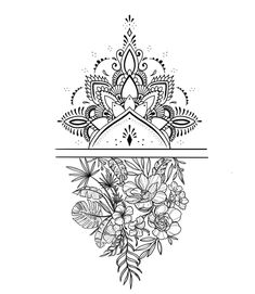 a black and white drawing of flowers with an ornate border on the bottom right corner