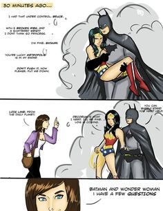 the comic strip shows two women dressed as batman and wonder woman, one with her hand on