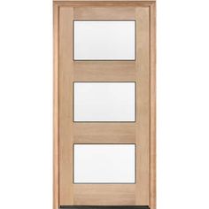 a wooden door with three glass panels on the top and bottom panel, against a white background