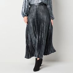 Get ready for parties or other special occasions with this Ryegrass women's pleated skirt in an icy blue metallic color that adds an eye-catching element to your look. Crafted from satin, it features a mid-rise, a long length, and a button and zipper closure on the side. Pair it with a silky blouse and ankle boots. Front Style: Pleated FrontClosure Type: Button, ZipperClosure Location: Right SideRise: Mid RiseApparel Length: 43 InchesFiber Content: 96% Polyester, 4% SpandexFabric Description: Sa Pleated Skirt Blue, Long Pleated Skirt, Skirts Pleated, Womens Pleated Skirt, Pleated Long Skirt, Pleated Skirts, Silky Blouse, Icy Blue, Metallic Colors