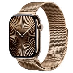 the gold apple watch is shown with a metal band and an intricate pattern on it