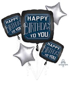 happy birthday to you foil balloons in blue and silver with white stars on the bottom