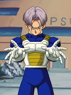 an animated image of gohan in front of a building with his hands out to the side