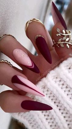 Maroon Nail Designs, Burgundy Acrylic Nails, Maroon Nails, Gold Nail Designs, Matte Nails Design, Stiletto Nails Designs, Chic Nails, Fancy Nails, Dope Nails