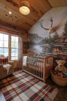 a baby's room with a deer mural on the wall and plaid rugs