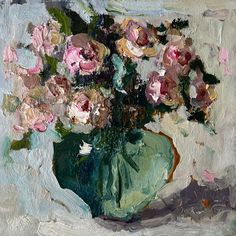 a painting of pink flowers in a green vase