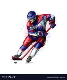 a professional ice hockey player in action with the puck on an isolated white background illustration