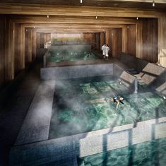 an artist's rendering of a man swimming in a hot tub with steam coming from it