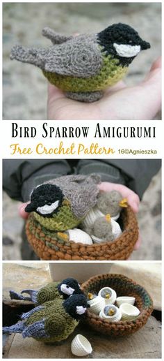 two pictures of birds in a basket with text overlay that says bird sparrow amigurmi free crochet pattern