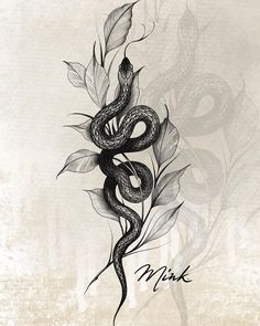 a black and white drawing of a snake with leaves on it's back, next to the word ink