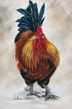 a painting of a rooster with feathers on it's head and tail, standing in front of a white background