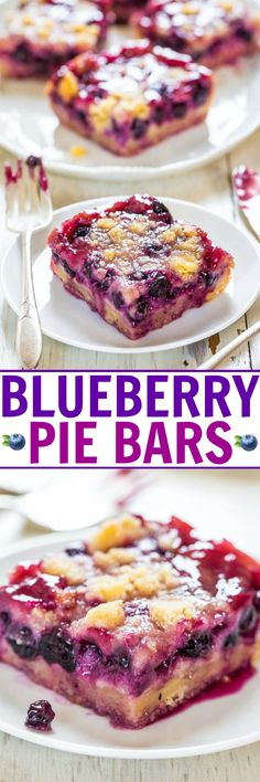 blueberry pie bars on white plates with forks