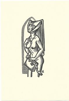 an ink drawing of a woman holding a bottle and a wrench in her hand