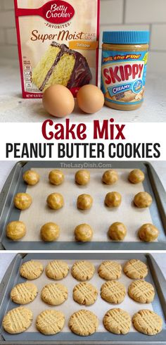 a pan filled with cookies next to a bag of cake mix