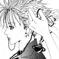 a drawing of a girl with short hair and piercings on her head, holding a cell phone up to her ear