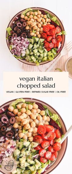 two bowls filled with different types of salads on top of a white tablecloth