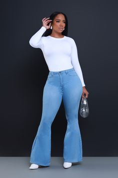 Bing High Waist Stretchy Bell Bottom Jeans - Light Wash