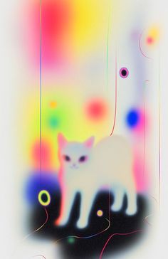 a white cat sitting on top of a black floor in front of a colorful background