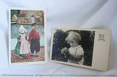 two old fashioned photos of children on white paper with black and white writing in the bottom right corner