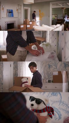 a man holding a teddy bear in a box