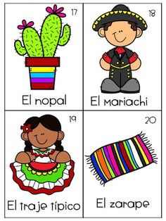 spanish flash cards with pictures of people and cactuses in different colors, including the words el