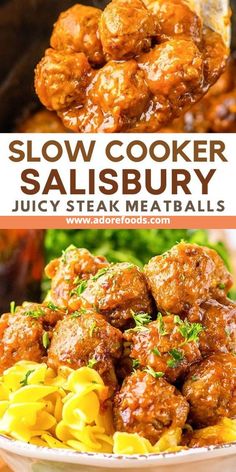 slow cooker salisbury meatballs in a bowl with pasta and parsley on the side