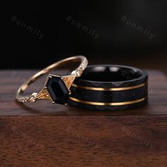 Here we have a Antique Black Onyx Couples Ring Yellow Gold Matching Ring Set His and Hers Wedding Band Mens Black Sandstone Ring Promise Ring For Couples. ITEM DESCRIPTION ✦ Handmade, high-quality item! ✦ Material: Sterling Silver/Tungsten ►Sold as a two-piece set ►His ring is Yellow Gold and Black Tungsten Carbide with black sandstone inlay. ►His band width: 8mm ►His tungsten ring will not turn green itself and will not cause your skin to turn green.  ✦ Durable - Incredibly Scratch-Resistant to Mens Black Engagement Rings, Marry Rings Couples, Matching Promise Rings Gold, Black Onyx Wedding Set, Man Promise Ring, Wedding Ring Ideas Couple, Goth Wedding Ring Set, Couples Rings Matching, Vintage Gothic Wedding Rings