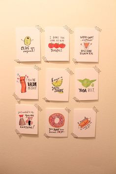 six magnets on the wall with different types of food and words written on them