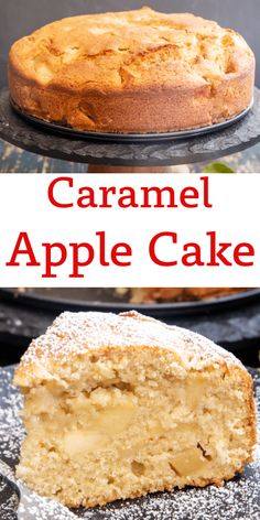 a close up of a cake on a plate with the words caramel apple cake