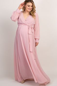 Light Pink Chiffon Long Sleeve Pleated Plus Maternity Maxi Dress V-neck Chiffon Maxi Dress With Tie Waist, Chiffon Maxi Dress With Tie Waist, Solid V-neck Maternity Dress, Spring Solid Color Maternity Maxi Dress, Spring Maternity Solid Color Maxi Dress, Spring Maternity Maxi Dress In Solid Color, Spring Maternity Solid Maxi Dress, Flowy Long Sleeve Maxi Dress For Maternity, Spring Maternity Maxi Dress Floor-length