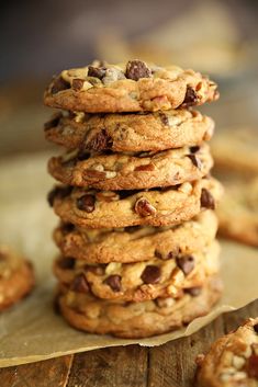 a stack of cookies sitting on top of a wooden table