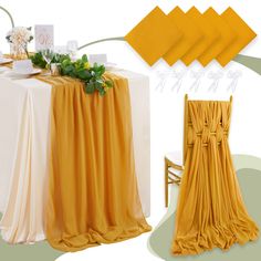 the table is covered with yellow cloths and place settings for guests to sit at