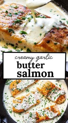 creamy garlic butter salmon in a cast iron skillet with parmesan cheese sauce