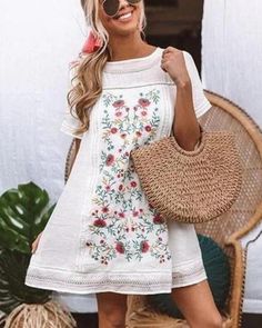 Chic Embroidery Flower Mini Dress Floral Applique Dress For Summer Garden Party, Summer Floral Applique Dress For Garden Party, Summer Floral Dress With Applique For Garden Party, Chic Short Sleeve Mini Dress With Floral Embroidery, Short Sleeve Floral Embroidery Dress For Garden Party, Chic Mini Dress With Floral Embroidery And Short Sleeves, Embroidered Mini Dress For Summer, Embroidered A-line Garden Party Dress, Summer A-line Dress With Floral Applique