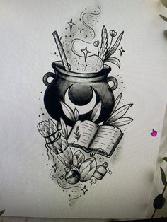 an ink drawing of a pot with books and flowers