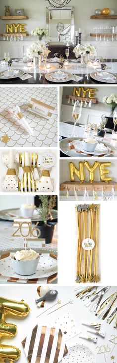 gold and white table setting for an elegant birthday party