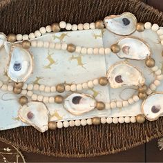 the tray has shells and beads on it