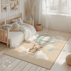 a bed room with a large rug on the floor and a teddy bear sleeping in it