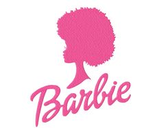 the word barbie with a silhouette of a woman's head in pink on a white background