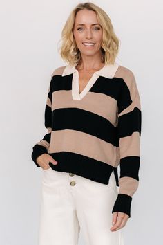 Embrace warmth with our cozy sweater Black and mocha stripes throughout Neutral color at neckline Sweater material Collared V-neckline Long sleeves Split sides at bottom hem Ribbed at sleeve cuffs and hem 60% Cotton, 40% Acrylic Trina is 5'6, cup size 32D, size 2 and is wearing size S Striped Sweater Black, Cocktail Jumpsuit, Destination Dress, Baltic Born, Stunning Tops, Romper Outfit, Velvet Fashion, Sweater Material, Cozy Sweater