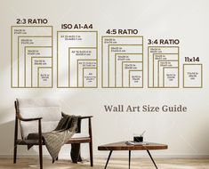 the wall art size guide for living room and bedroom is shown in gold on white