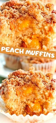 peach muffins on a plate with the words peach muffins above them