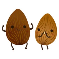 two nuts with faces and arms, one has its eyes closed while the other is smiling