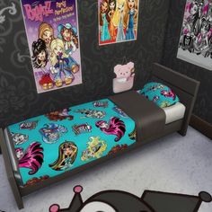 a bed room with a neatly made bed and posters on the wall