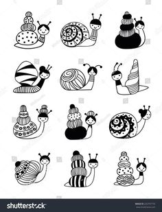 black and white illustration of different types of snails in various shapes, sizes and colors