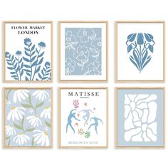 four blue and white prints with flowers on them