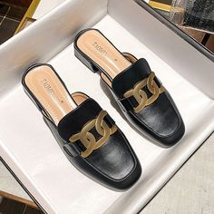 Popular elements: metal, square headSole material: rubberInner material: microfiberColor: black, apricotSize: 34,35,36,37,38,39,40,41,42,43Heel shape: thick heelHeel height: low heel (1-3CM) Elegant Closed Toe Mules With Metal Feet, Elegant Mules With Metal Feet And Round Toe, Elegant Black Heels With Metal Pin Buckle, Black Mules With Metal Feet And Round Toe, Black Flat Heel Mules, Medium Width, Black Slip-on Mules With Metal Feet, Chunky Heels Casual, Blazers Shoes, Chunky Heel Shoes